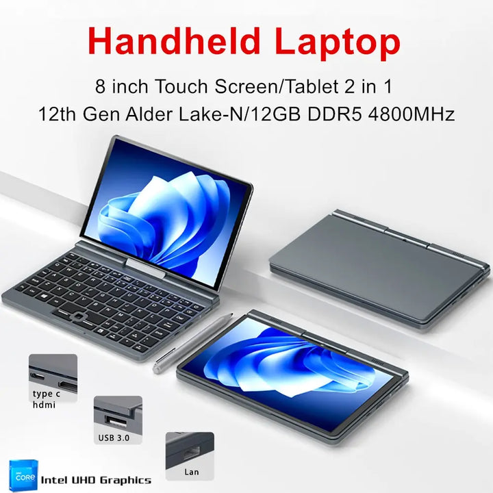 12th Gen Mini Gaming Laptop Intel Alder Lake N100 8 Inch Touch Screen 12G DDR5 Windows 11 Notebook Tablet PC 2 in 1 WiFi6 - SellerPool