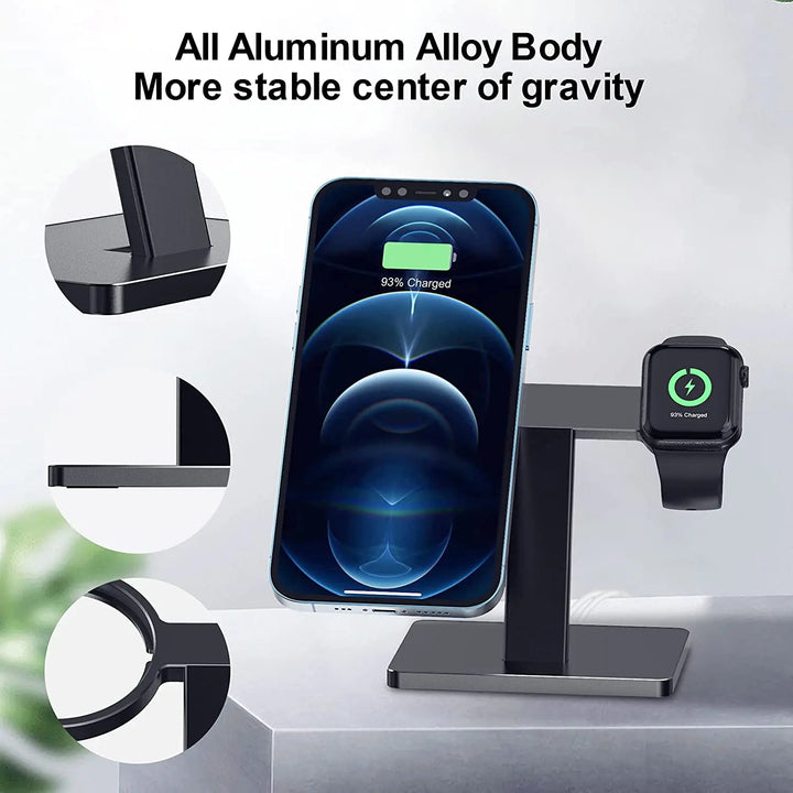 EWA 2 in 1 Wireless Charger Stand Aluminum Alloy Phone Holder Compatible with iphone13/12/Pro/ Max/Mini and Apple Watch 3/4/5/6 - SellerPool