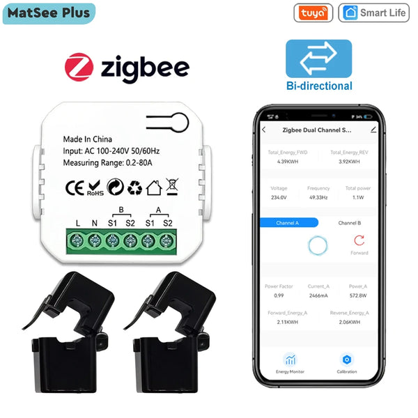 Zigbee Energy Meter Bidirectional 1, 2 Channel With Current Sensor Tuya Smart App Monitor - SellerPool