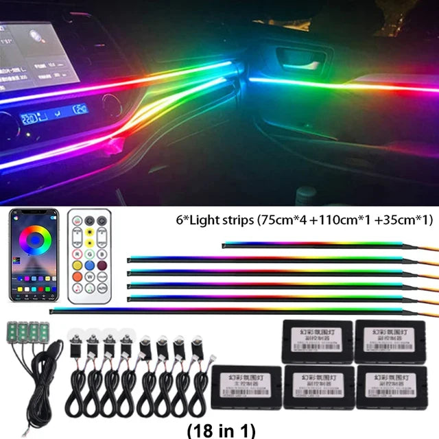 18-in-1 Car Ambient Lights, 213 Colors, LED Strip, Remote-Controlled - SellerPool