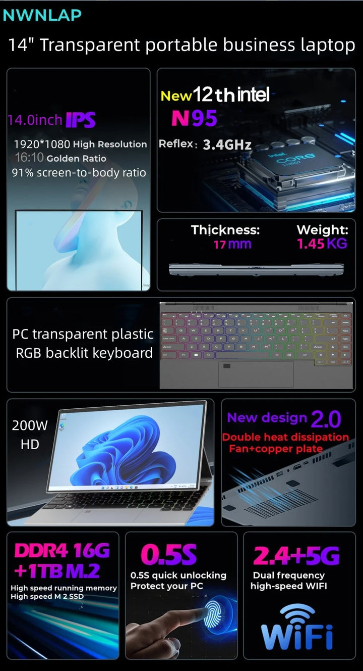 360° Rotating 14.0'' IPS Touch Screen 32G 128G-1T Laptop N95 Windows 11 Notebook 4 In 1 Tablet Business Office Slim Touch ID RGB - SellerPool