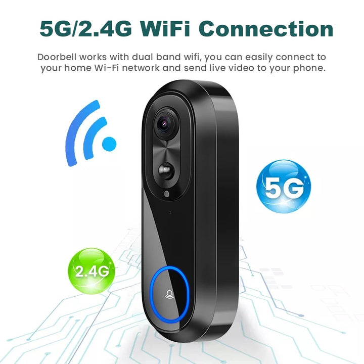 5G/2.4G WiFi Video Doorbell, 1080P, Tuya App, IP65 Waterproof, 7000mAh Battery - SellerPool