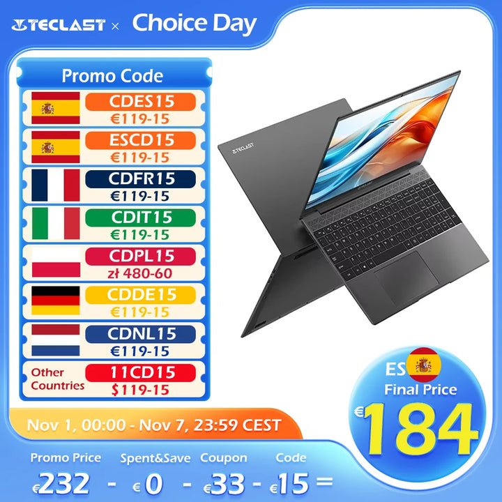 Teclast F16 Plus laptop, 15.6 inch, Windows 11 Pro, 8GB RAM 256GB SSD, for Celeron N4120 4 Core CPU, USB, mini-HDMI, full size keyboard - SellerPool