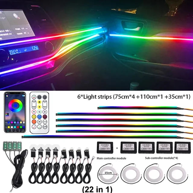 18-in-1 Car Ambient Lights, 213 Colors, LED Strip, Remote-Controlled - SellerPool