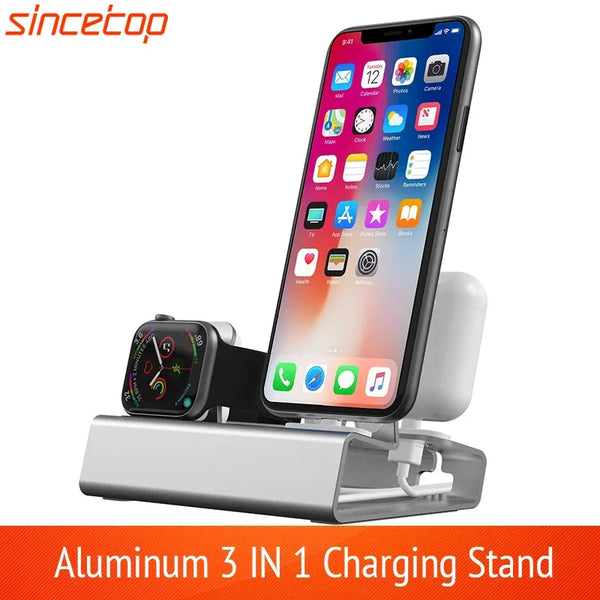 Aluminum 3 in 1 Charging Stand for iPhone 16 15 14 13 12 Pro 11 XR 8 Apple Watch Airpods Charger Dock Station Holder For iWatch - SellerPool