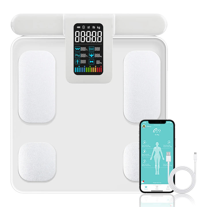 Smart White Body Fat Scale - 8 Electrodes, Bioimpedance, Rechargeable - SellerPool