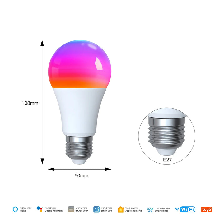 MOES E27 Smart LED Bulb - Dimmable, 16 Million Colors, Voice Control Compatible 9W E27 Bulb - SellerPool