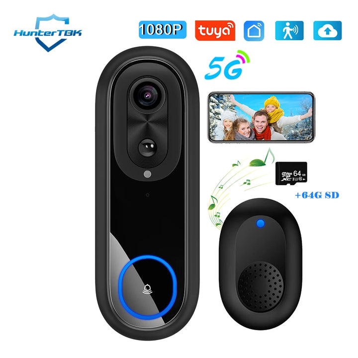 5G/2.4G WiFi Video Doorbell, 1080P, Tuya App, IP65 Waterproof, 7000mAh Battery - SellerPool